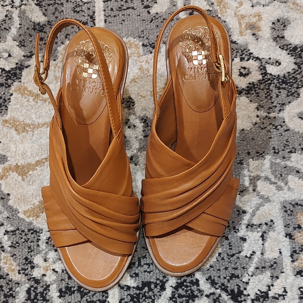 Vince Camuto Tan Leather Slingback Heeled Sandals - Picture 2 of 8